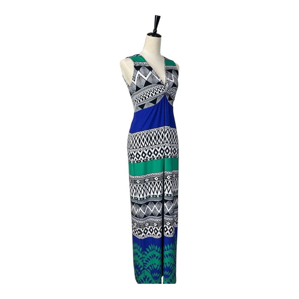 Chico’s Size 0 Blue Green Geometric Twist Front Stretch Maxi Dress XS Jersey - Picture 3 of 11